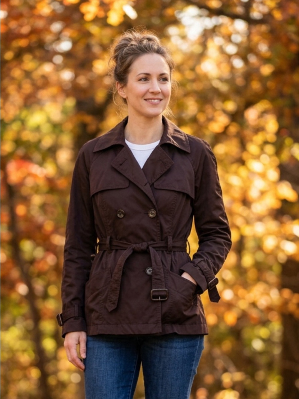 Daisy Fuentes Chocolate Brown Double Breasted Belted Short Trench Coat Size M